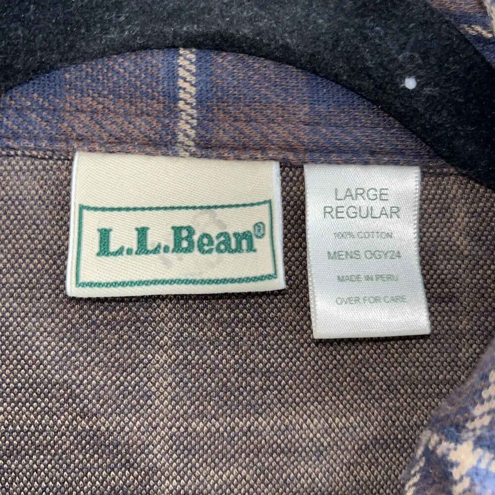 L.L. Bean Men Brown Navy Sz L Long Sleeve Button Up 100% Cotton Stretch‎ Vintage